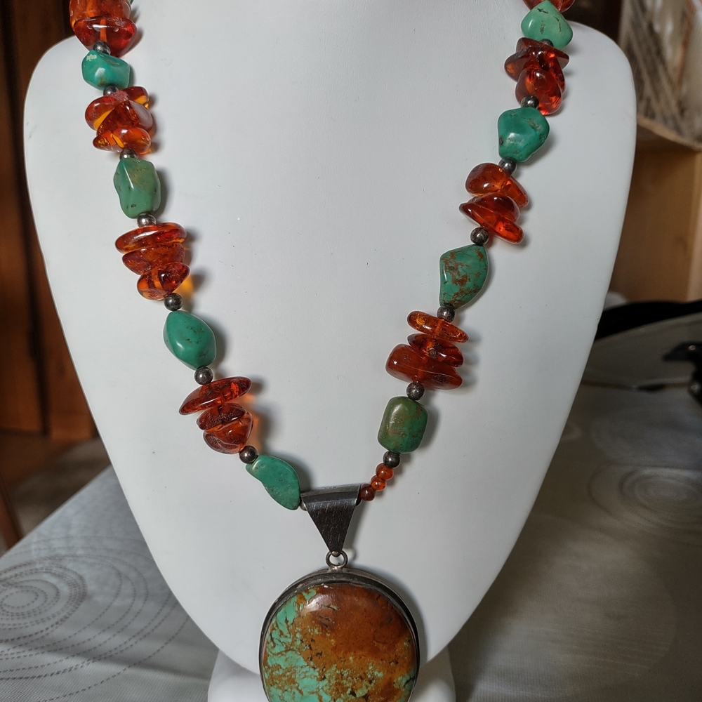 Enormous Turquoise and Amber Pendant Necklace - Statement Piece - Very Heavy - Picture 3 of 16